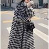 imagechouyatou Womens Elegant Houndstooth Wool Blend Overcoat Lapel Vintage Mid Long Trench Coat with pocketBlack