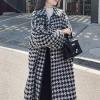 imagechouyatou Womens Elegant Houndstooth Wool Blend Overcoat Lapel Vintage Mid Long Trench Coat with pocketBlack