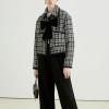 imagechouyatou Womens Elegant Plaid Tweed Blazer Jacket Lapel Tie Knot Open Front Dressy Cropped Short CoatBlack