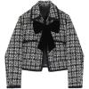 imagechouyatou Womens Elegant Plaid Tweed Blazer Jacket Lapel Tie Knot Open Front Dressy Cropped Short CoatBlack