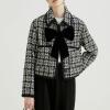 imagechouyatou Womens Elegant Plaid Tweed Blazer Jacket Lapel Tie Knot Open Front Dressy Cropped Short CoatBlack