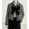 imagechouyatou Womens Elegant Plaid Tweed Blazer Jacket Lapel Tie Knot Open Front Dressy Cropped Short CoatBlack