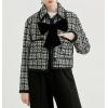 imagechouyatou Womens Elegant Plaid Tweed Blazer Jacket Lapel Tie Knot Open Front Dressy Cropped Short CoatBlack