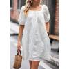 imagechouyatou Womens Summer Casual Lace Eyelet Mini Dress Square Neck Short Puff Sleeve Babydoll Tunic DressWhite