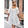 imagechouyatou Womens Summer Casual Lace Eyelet Mini Dress Square Neck Short Puff Sleeve Babydoll Tunic DressWhite