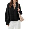 imagechouyatou Womens Vintage VNeck Denim Pullover Tops Distressed Collarless Oversized Jean Shirt JacketsBlack
