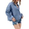 imagechouyatou Womens Vintage VNeck Denim Pullover Tops Distressed Collarless Oversized Jean Shirt JacketsBlue