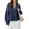 imagechouyatou Womens Vintage VNeck Denim Pullover Tops Distressed Collarless Oversized Jean Shirt JacketsDark Blue