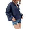imagechouyatou Womens Vintage VNeck Denim Pullover Tops Distressed Collarless Oversized Jean Shirt JacketsDark Blue