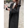imagechouyatou Womens Winter Open Front Wool Coat Causal Hooded Mid Long Trench Coat Overcoat with PocketsBlack