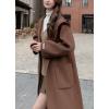 imagechouyatou Womens Winter Open Front Wool Coat Causal Hooded Mid Long Trench Coat Overcoat with PocketsBrown