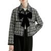 imagechouyatou Womens Elegant Plaid Tweed Blazer Jacket Lapel Tie Knot Open Front Dressy Cropped Short CoatBlack