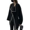 imagechouyatou Womens Fall Shawl Collar Wool Coat Embroidered Oversized Winter Trench Coat OuterwearBlack