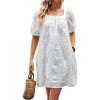 imagechouyatou Womens Summer Casual Lace Eyelet Mini Dress Square Neck Short Puff Sleeve Babydoll Tunic DressWhite