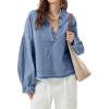 imagechouyatou Womens Vintage VNeck Denim Pullover Tops Distressed Collarless Oversized Jean Shirt JacketsBlue