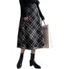 imagechouyatou Womens Winter Plaid Knit Skirt Tassel Hem High Elastic Waist Swing Midi Long SkirtBlack