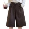 imagechouyatou Womens Winter Wool Wide Leg Shorts High Elastic Waist Dressy Casual Bermuda Shorts with PocketsCoffee