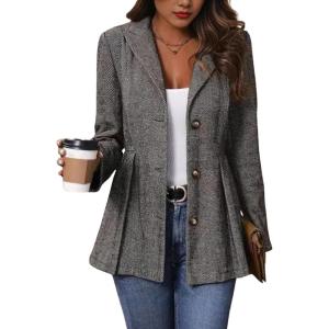 imagechouyatou Women Business Casual Herringbone Blazer Jacket Button Down Office Work Dressy Peplum Blazer TopGrey