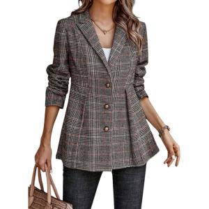 imagechouyatou Women Business Casual Work Plaid Blazer Jacket Single Breasted Office Dressy Peplum Blazer SuitBlack Red