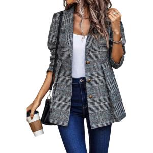 imagechouyatou Women Business Casual Work Plaid Blazer Jacket Single Breasted Office Dressy Peplum Blazer SuitBlue Black