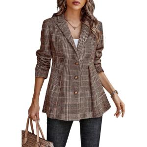 imagechouyatou Women Business Casual Work Plaid Blazer Jacket Single Breasted Office Dressy Peplum Blazer SuitKhaki