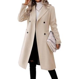imagechouyatou Womens Business Casual Double Breasted Wool Coat Notch Collar Midi Long Winter Pea CoatApricot