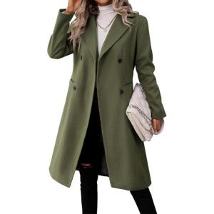 imagechouyatou Womens Business Casual Double Breasted Wool Coat Notch Collar Midi Long Winter Pea CoatArmy Green