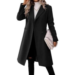 imagechouyatou Womens Business Casual Double Breasted Wool Coat Notch Collar Midi Long Winter Pea CoatBlack
