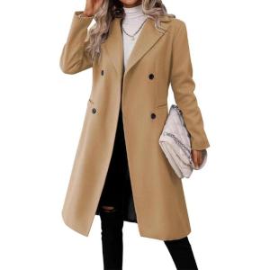 imagechouyatou Womens Business Casual Double Breasted Wool Coat Notch Collar Midi Long Winter Pea CoatCamel
