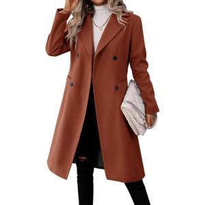 imagechouyatou Womens Business Casual Double Breasted Wool Coat Notch Collar Midi Long Winter Pea CoatCaramel