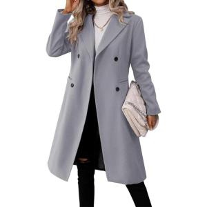 imagechouyatou Womens Business Casual Double Breasted Wool Coat Notch Collar Midi Long Winter Pea CoatGrey
