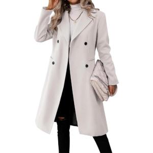 imagechouyatou Womens Business Casual Double Breasted Wool Coat Notch Collar Midi Long Winter Pea CoatWhite