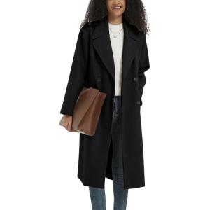 imagechouyatou Womens Business Casual Double Breasted Wool Coat Notch Lapel Midi Long Winter Trench CoatBlack