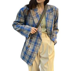 imagechouyatou Womens Business Casual Plaid Blazer Jacket Notched Collar Open Front Dressy Suit Loose Pea CoatBlue