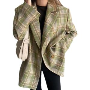 imagechouyatou Womens Business Casual Plaid Blazer Jacket Notched Collar Open Front Dressy Suit Loose Pea CoatGreen