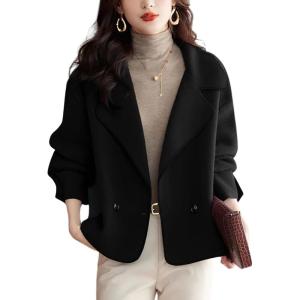 imagechouyatou Womens Casual Business Wool Blend Coat Loose Double Breasted Suit Coat Dressy Blazer Pea CoatBlack