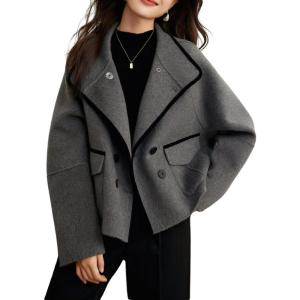 imagechouyatou Womens Casual Business Wool Blend Trench Coat Loose Double Breasted Blazer Jacket Pea CoatGrey