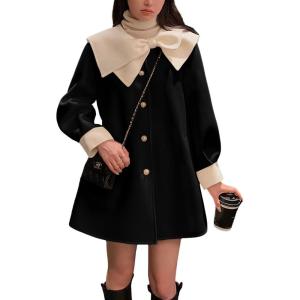 imagechouyatou Womens Cute Bow Lapel Collar Wool Coat Single Breasted Wool Blend Pea Coat with PocketsBlack and White