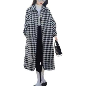 imagechouyatou Womens Elegant Houndstooth Wool Blend Overcoat Lapel Vintage Mid Long Trench Coat with pocketBlack