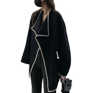 imagechouyatou Womens Fall Shawl Collar Wool Coat Embroidered Oversized Winter Trench Coat OuterwearBlack