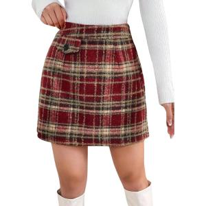 imagechouyatou Womens Fall Winter Sexy Plaid Pencil Wool Skirts High Waisted Casual Bodycon Short Mini SkirtsRed