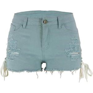 imagechouyatou Womens High Waist Perfect ButtLifting Destroyed Hole Fringed Denim Short Drawstring SlitLight Blue
