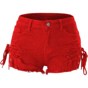 imagechouyatou Womens High Waist Perfect ButtLifting Destroyed Hole Fringed Denim Short Drawstring SlitRed