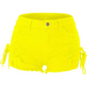 imagechouyatou Womens High Waist Perfect ButtLifting Destroyed Hole Fringed Denim Short Drawstring SlitYellow
