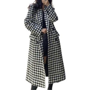 imagechouyatou Womens Houndstooth Wool Trench Coat Notch Lapel Maxi Long Overcoat Double Breasted PeacoatBlack
