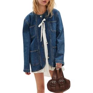 imagechouyatou Womens Removable Tie Front Denim Jacket Fall Boyfriend Button Down Jean Jacket ShacketDark Blue