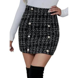 imagechouyatou Womens Sexy Plaid Pencil Tweed Skirts High Waisted Zip UP Casual Bodycon Short Mini SkirtsBlack