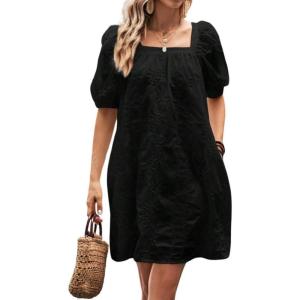 imagechouyatou Womens Summer Casual Lace Eyelet Mini Dress Square Neck Short Puff Sleeve Babydoll Tunic DressBlack