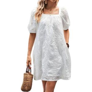 imagechouyatou Womens Summer Casual Lace Eyelet Mini Dress Square Neck Short Puff Sleeve Babydoll Tunic DressWhite