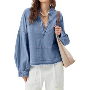 imagechouyatou Womens Vintage VNeck Denim Pullover Tops Distressed Collarless Oversized Jean Shirt JacketsBlue